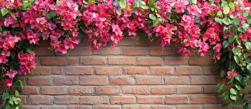 Bougainvillea buganvilla flowers on a brick wall featuring a colorful blooming flower background texture and copy space