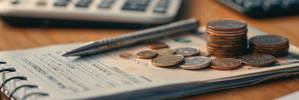 Fototapete a stack of cash and coins alongside an open notebook filled with detailed notes and calculations dur