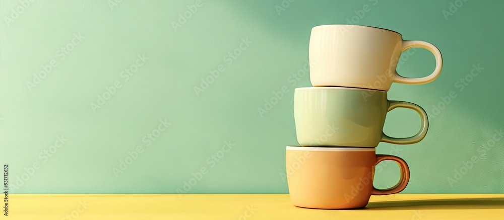 Poster A stack of mug cups sits on a yellow table with a green wall in the background showcasing a home interior. with copy space image. Place for adding text or design