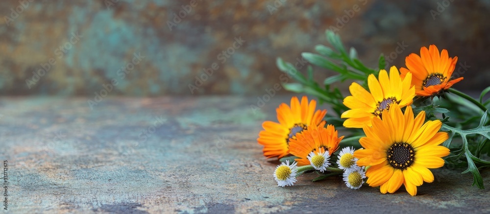 Leinwandbilder Close up of calendula chamomile and green twig on a wooden surface. with copy space image. Place for adding text or design