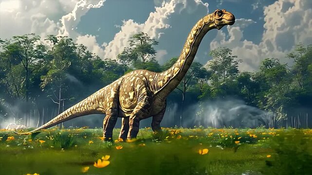 Dinosaur Walking in the Jungle with Trees Clouds and sky Prehistoric reptile jurassic extinct 