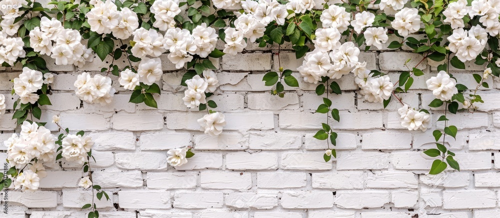 Aufkleber background of a brick wall with white flowers. with copy space image. place for adding text or desig
