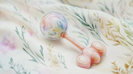 A delicate watercolor illustration of a baby rattle with soft pastel colors and gentle patterns, [baby rattle watercolor], [playful and soft]