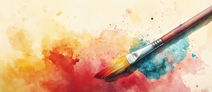 Watercolor palette containing blobs of paint and a brush Vintage stylized image with a white texture Copyspace for adding text or artwork designs