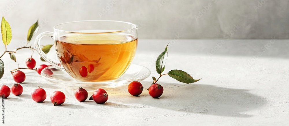 Aufkleber Herbal tea made from rose hips in a cup on a light background Side view. with copy space image. Place for adding text or design
