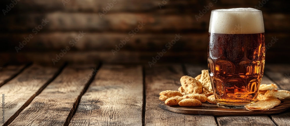 Poster Lager beer and snacks on a wooden surface. with copy space image. Place for adding text or design