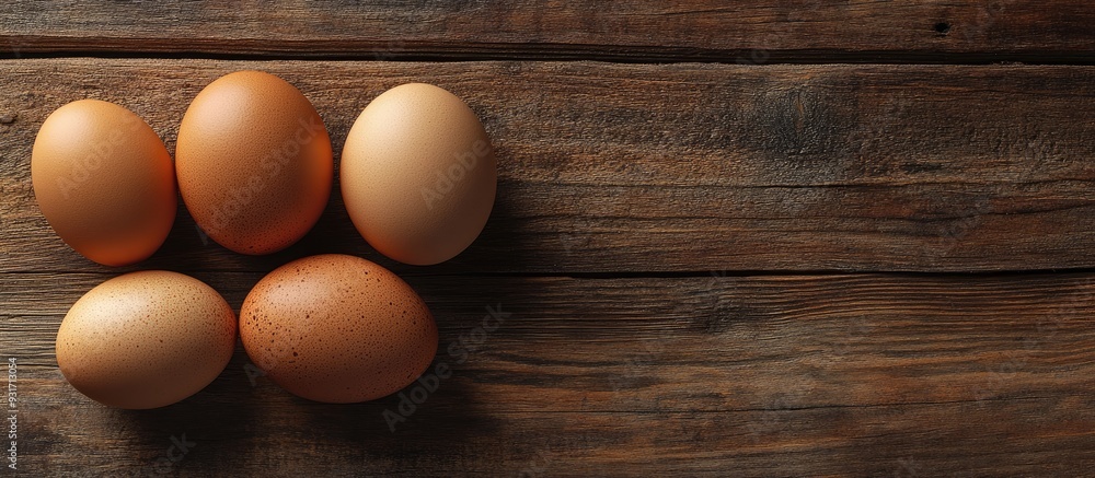 Poster Raw brown chicken eggs on a wooden table viewed from above Space for text. with copy space image. Place for adding text or design