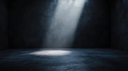 Empty dark room with a cold concrete floor, illuminated by a focused spotlight, ideal for moody, cinematic scenes.