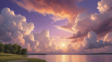 a summer atmosphere with soft clouds and a colorful sky with hues of orange, pink and purple