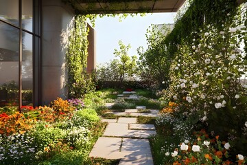 Obraz premium Lush and Vibrant Garden Oasis with Blooming Flowers and Meandering Paths Amid Verdant Foliage