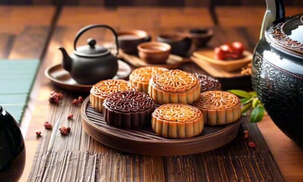 Delicately crafted mooncakes on a wooden platter with traditional decorations. Mid-Autumn festival and Chinese New Year festive dessert