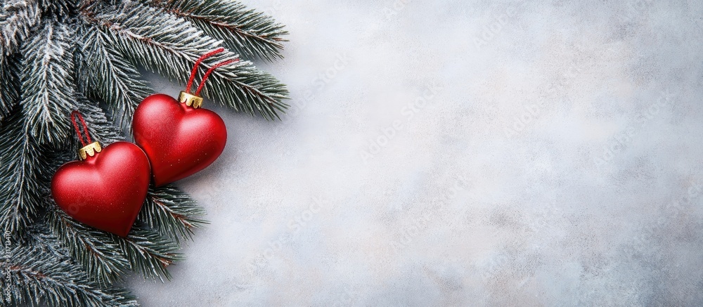 Aufkleber christmas tree branch with two red hearts on light gray paper a representation of love and lovers fo