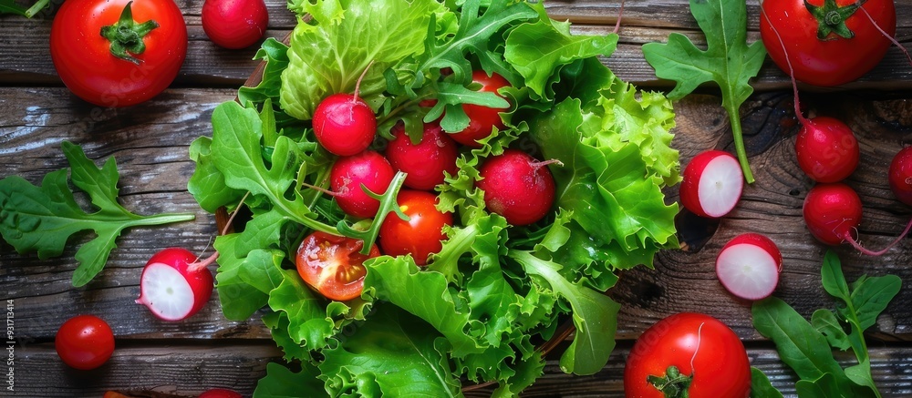 Poster fresh salad with vegetables including tomato radish mache lettuce and green leaves as a snack meal o