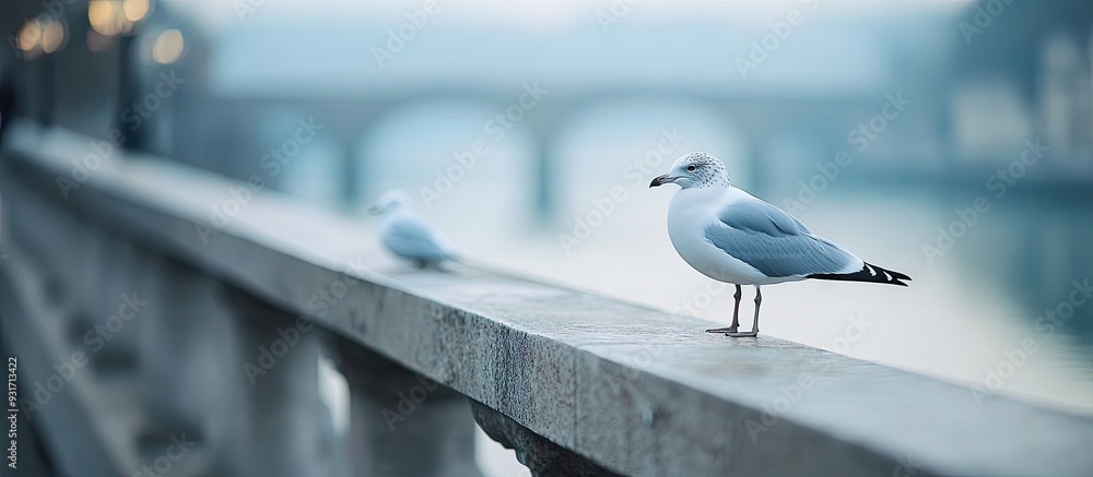 Aufkleber A migratory seagull is perched on the concrete railing of a bridge by the sea set against a blurred background. with copy space image. Place for adding text or design