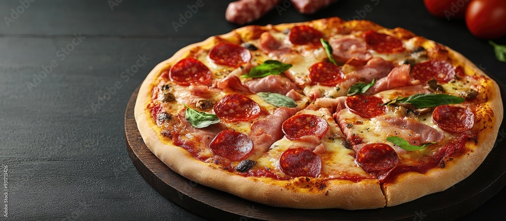 Poster delicious traditional italian pizzas featuring salami and meat. with copy space image. place for add