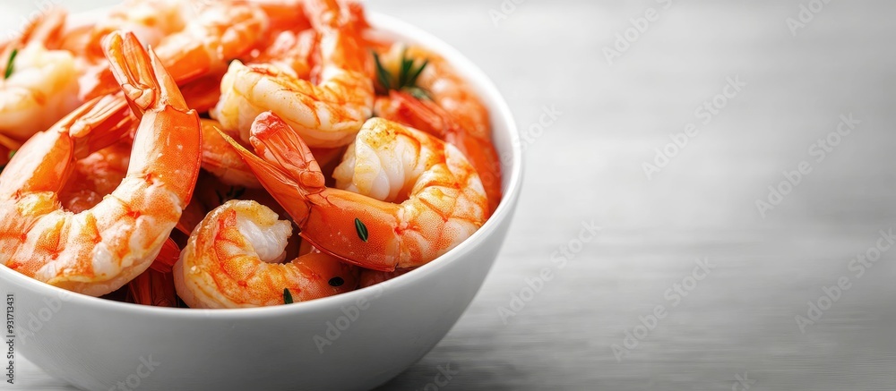 Fototapete tasty delicious shrimp in a bowl on a table. with copy space image. place for adding text or design