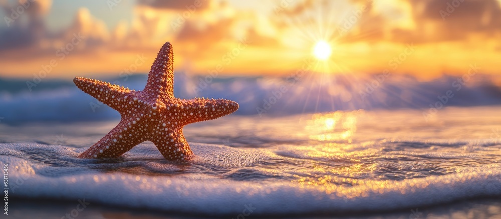 Poster starfish on a tropical beach ocean waves during a warm sunset ideas related to travel vacations and 