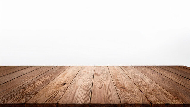 Tampo de mesa de madeira vazio em fundo branco.  Fundo para apresenta&ccedil;&atilde;o de produtos. 