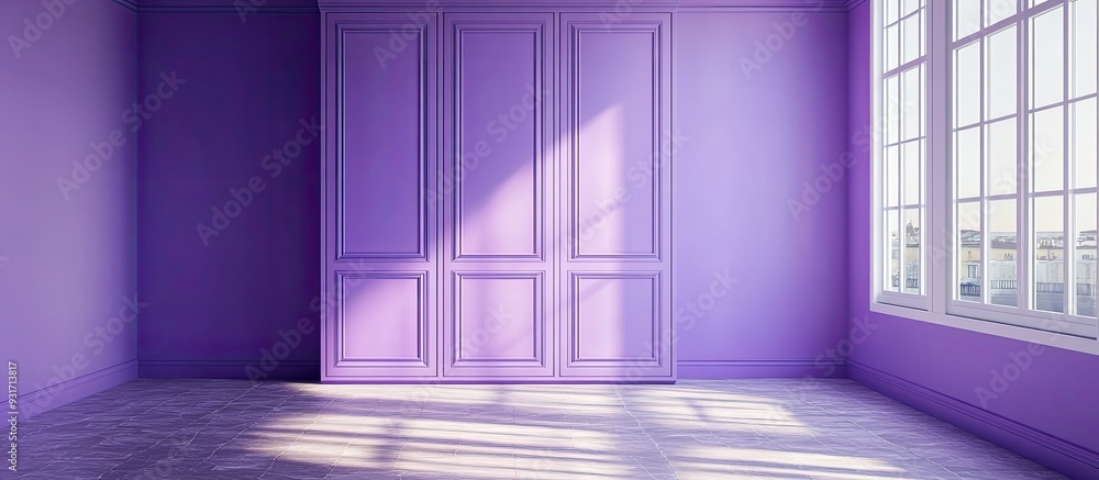 Poster empty room featuring purple painted walls a stoneware floor a built in wardrobe with painted doors a