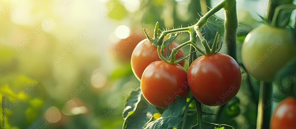 Aufkleber Fresh ripened red tomatoes growing in an organic greenhouse garden ready for harvest. with copy space image. Place for adding text or design