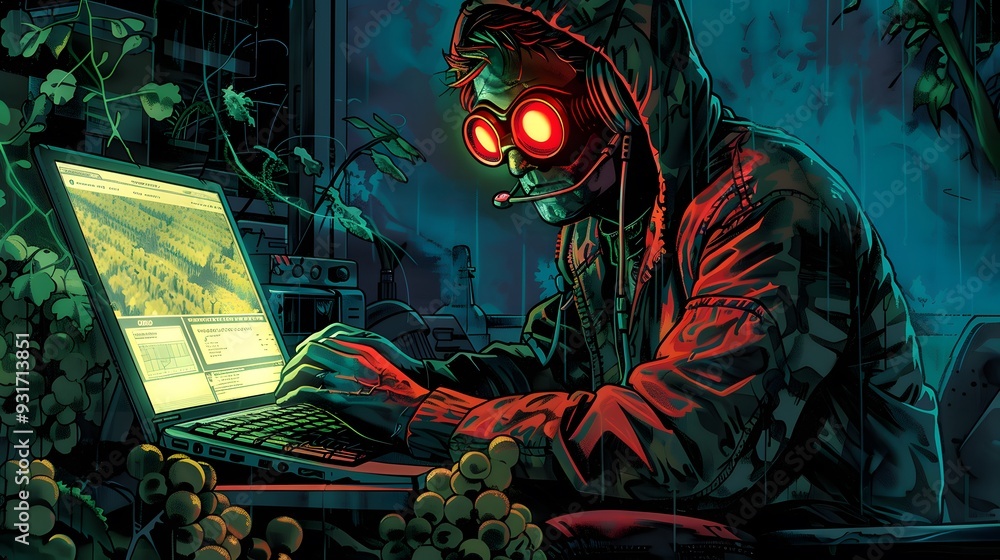 Poster cyberpunk hacker in goggles working on laptop.