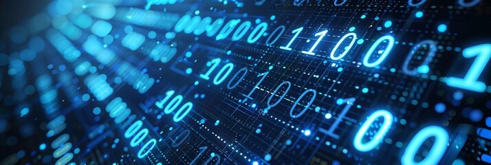 AI tech background. Blue binary code and digital circuits converge dynamically, creating a futuristic data flow. The visual is perfect for a tech banner.