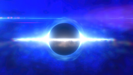 Abstract glowing object resembling a black hole surrounded by bright light in a deep blue space