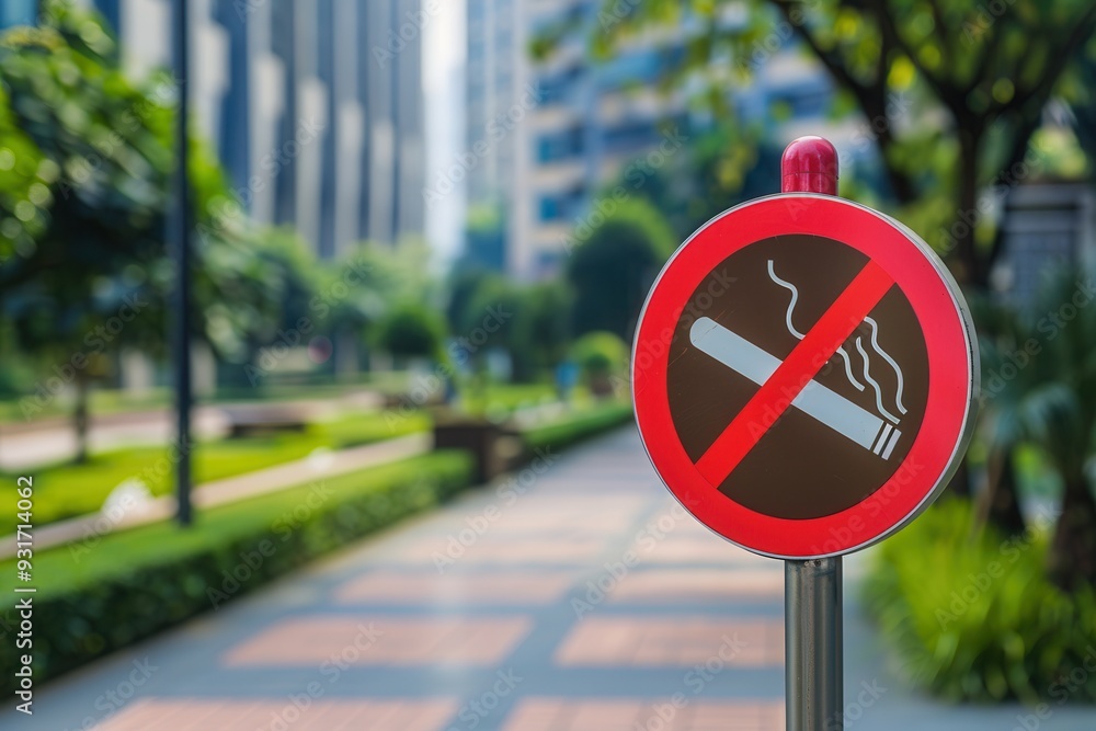 Poster a red no smoking sign stands in a well-maintained urban park filled with greenery and pathways on a 