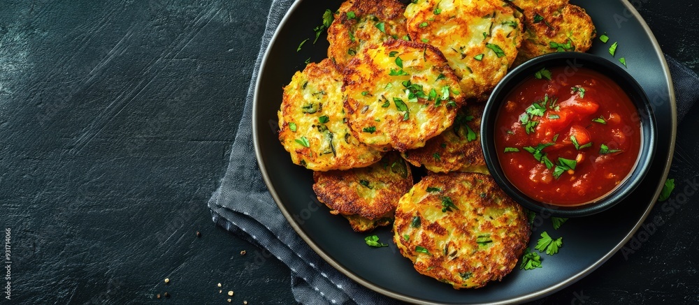 Aufkleber roasted hash brown potatoes and vegetable fritters arranged on a plate with tomato sauce dark backgr