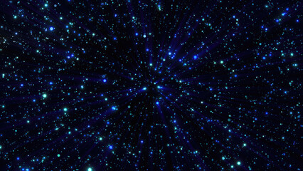 Abstract background of bright blue glowing shiny dots of bokeh stars and circles of beautiful festive space