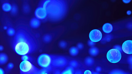 Abstract blue glowing background with flying balls circles atoms molecules particles energy bubbles