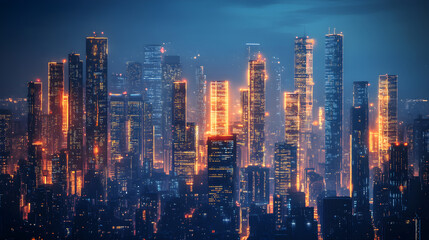 Obraz premium A futuristic cityscape with towering skyscrapers glowing in the night, representing the growth and innovation of urban landscapes in a high-tech, modern world.