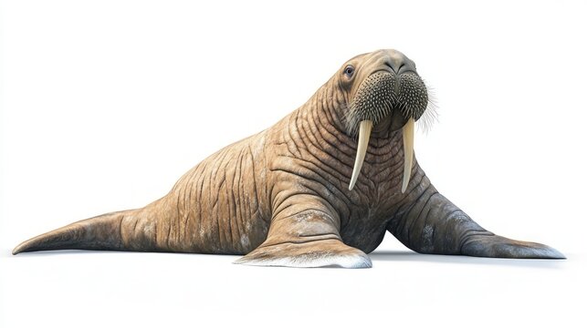 A realistic walrus lounging on a white background, showcasing its distinctive tusks and blubbery body, ideal for wildlife themes.