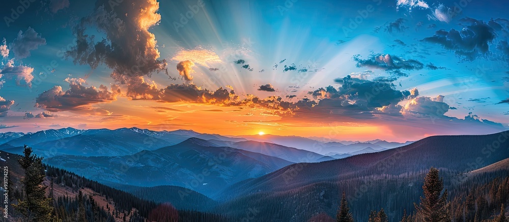 Poster red flaming sunset in the mountains above the clouds copy space the idea of travel relaxation an act