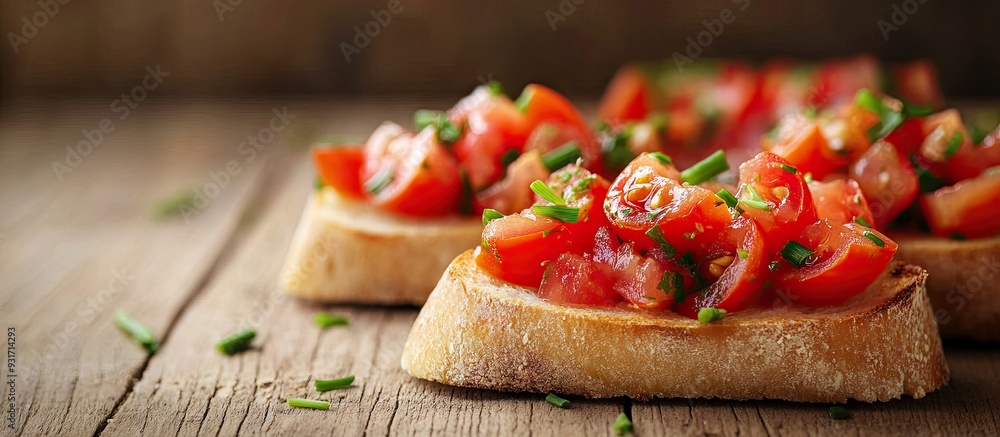 Aufkleber Bruschetta topped with cherry tomato and chive on a wooden table. with copy space image. Place for adding text or design