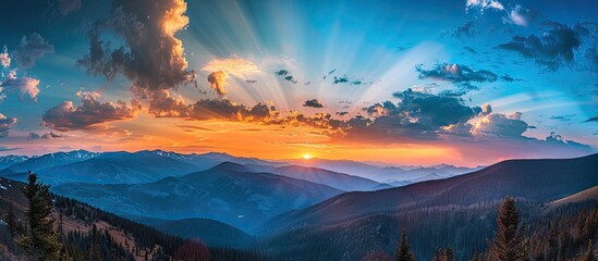 Red flaming sunset in the mountains above the clouds Copy space The idea of travel relaxation an active lifestyle and a healthy existence in harmony with nature