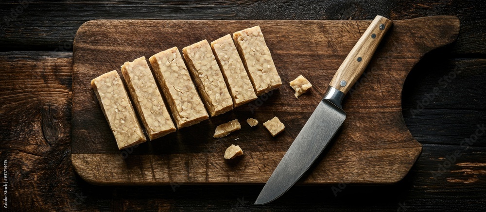 Fototapete fresh raw tempeh on a cutting board with a knife for chopping concept of food preparation. with copy