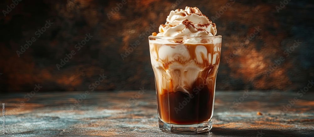 Poster cold coffee with ice cream on a dark background a refreshing invigorating cocktail served on the roc