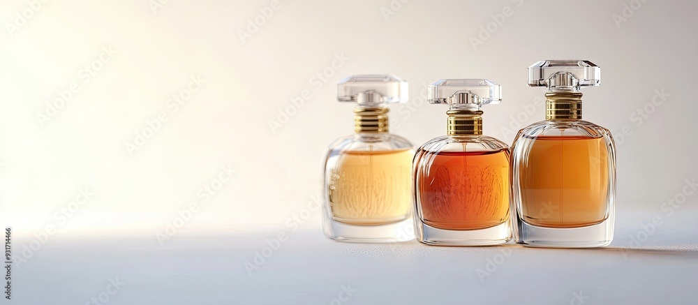 Poster Perfume bottles set against a white background. with copy space image. Place for adding text or design