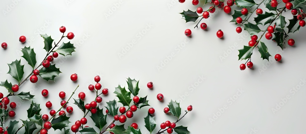 Poster Arrangement of red holly berries and green branches on a white background Natural winter decoration Botanical festive flat lay top view. with copy space image. Place for adding text or design