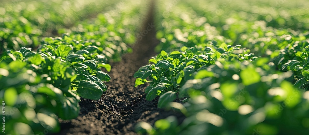 Leinwandbilder perspective of an endless row of thriving black colored herb plants on a farm. with copy space image