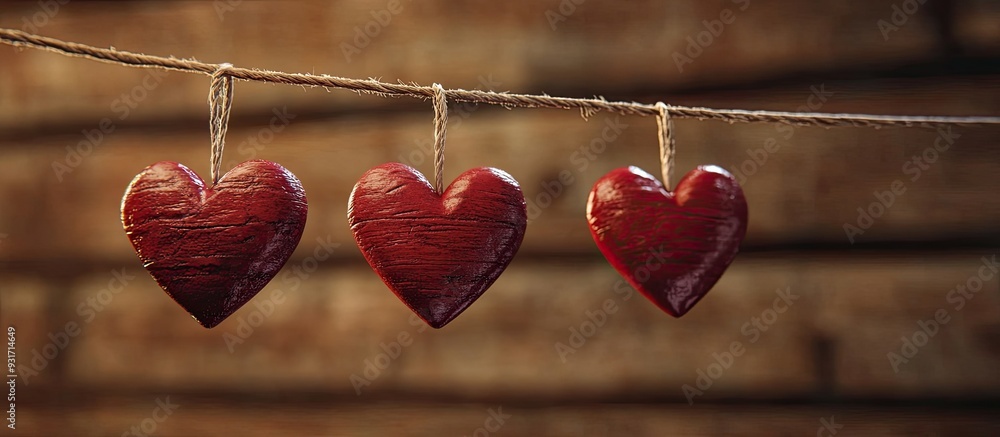 Aufkleber Concept of love Hearts hanging from a string captured against a wooden backdrop. with copy space image. Place for adding text or design