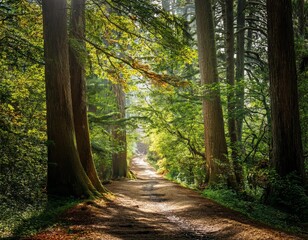 A forest path winds between trees, sunlight filtering through leaves, inviting peaceful serenity.