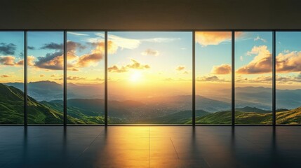 Fototapeta premium Expansive square floor space with a stunning view of green mountains and sunset clouds in the sky.