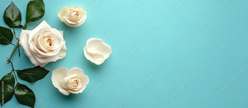 Aufkleber creams and roses on a blue background. with copy space image. place for adding text or design