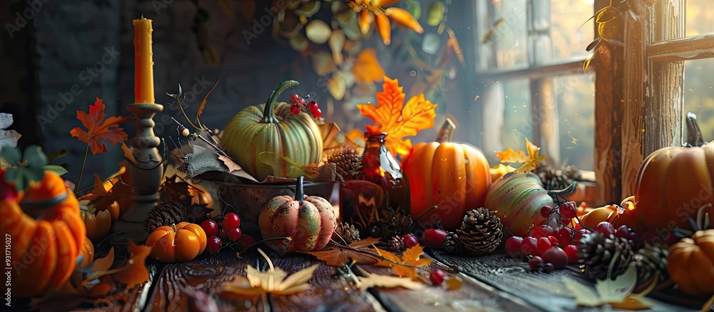 Aufkleber autumn still life on a vibrant rustic background. with copy space image. place for adding text or de