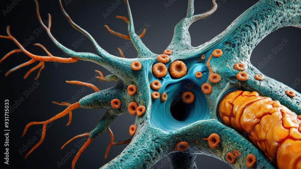 Poster a detailed view illustrating the complex structure of a nerve, highlighting various cells and their 