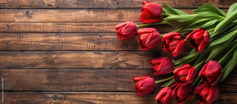 Poster Big sale Red Tulips for Easter spring or Mother s Day on an old wooden table background empty space for design flat lay minimal. with copy space image. Place for adding text or design