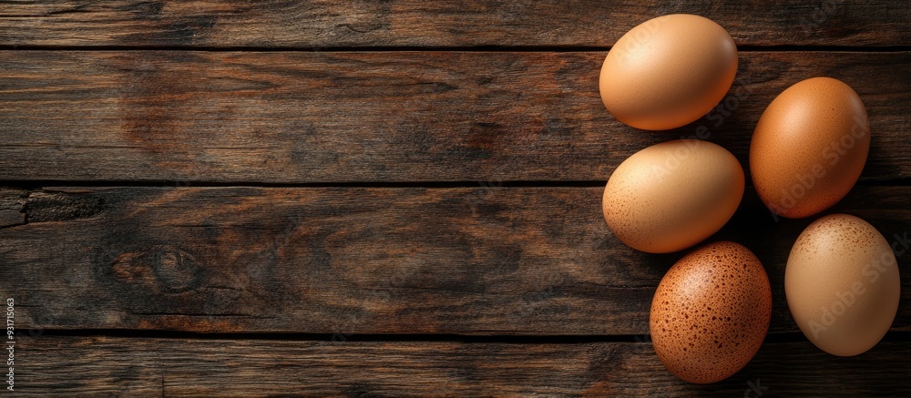Poster Raw brown chicken eggs on a wooden table viewed from above Space for text. with copy space image. Place for adding text or design