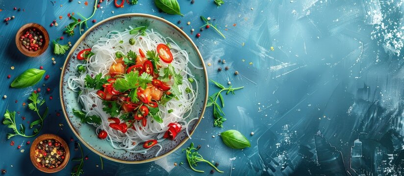 Rice vermicelli noodles spices and herbs arranged for preparing Chinese and Japanese dishes on a blue background top view copyspace